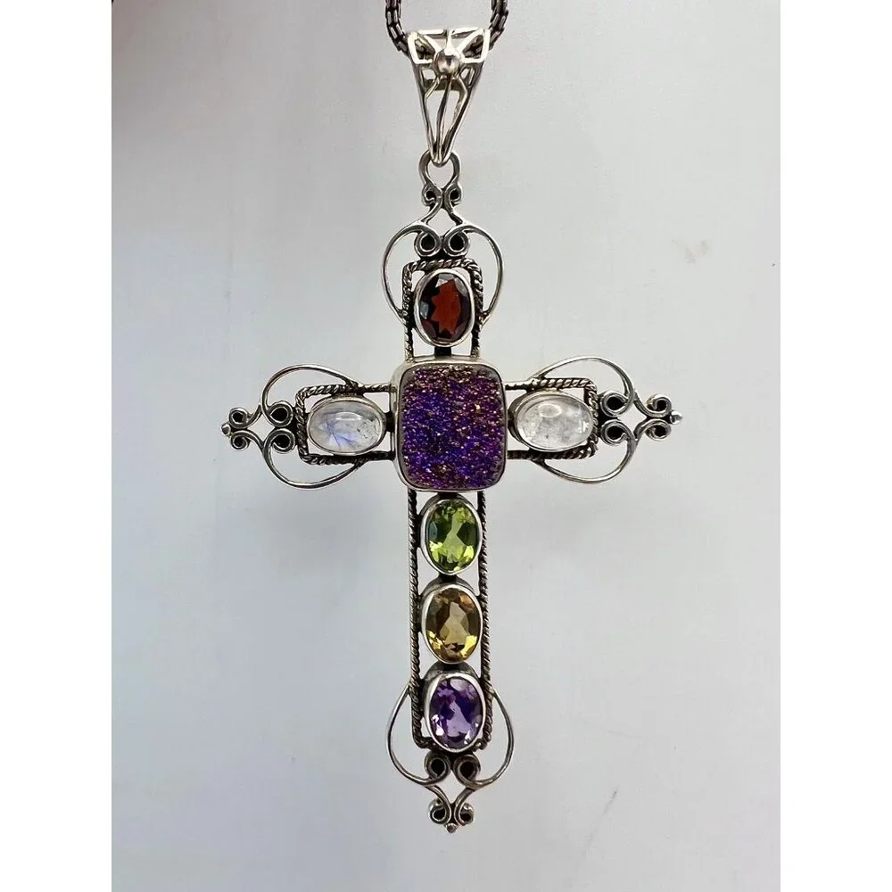 NICKY BUTLER 925 Silver Druzy Gemstone Cross Pendant Necklace - Picture 8 of 15